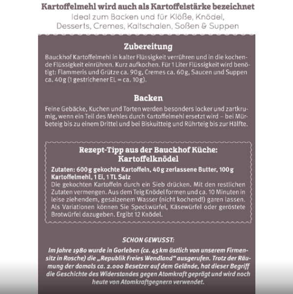 Bio Kartoffelmehl - vom Bauckhof - Produktbeschreibung